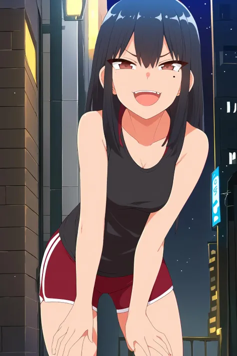 ,((best quality)),((highly detailed)),masterpiece,absurdres,detailed face,beautiful face,(detailed eyes, deep eyes),(1girl),((dynamic pose)),<lora:AnetoroV1.3-000017:0.7> Anetoro, 1girl, mole under eye, solo, glowing brown eyes,black hair, ((perfect female body)), smug, evil smile, open mouth, black tank top, gym shorts,city_street, nighttime
