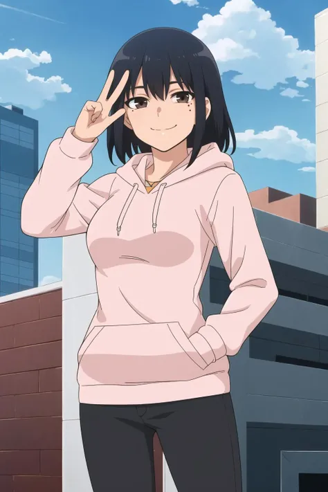 ,((best quality)),((highly detailed)),masterpiece,absurdres,detailed face,beautiful face,(detailed eyes, deep eyes),(1girl),((dynamic pose)),<lora:AnetoroV1.3:0.7> Anetoro, 1girl, mole under eye, solo, mole, hoodie, brown eyes,black hair, short hair,evil smile, looking at viewer, sweater, pants,city street, sunny, clouds, peace sign, hand in pocket