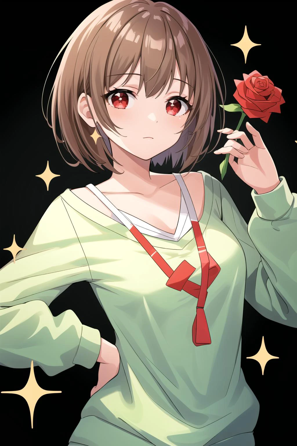best quality, intricate details
1girl, <lora:harusakiNodoka_v10:1> harusaki nodoka, green sweatshirt, (brown hair, red eyes:1.3)
<lora:avatarFrameGenerator_v20Circle:0.8> circle avatarframe, black background, rose, flower, sparkle, white flower, white rose