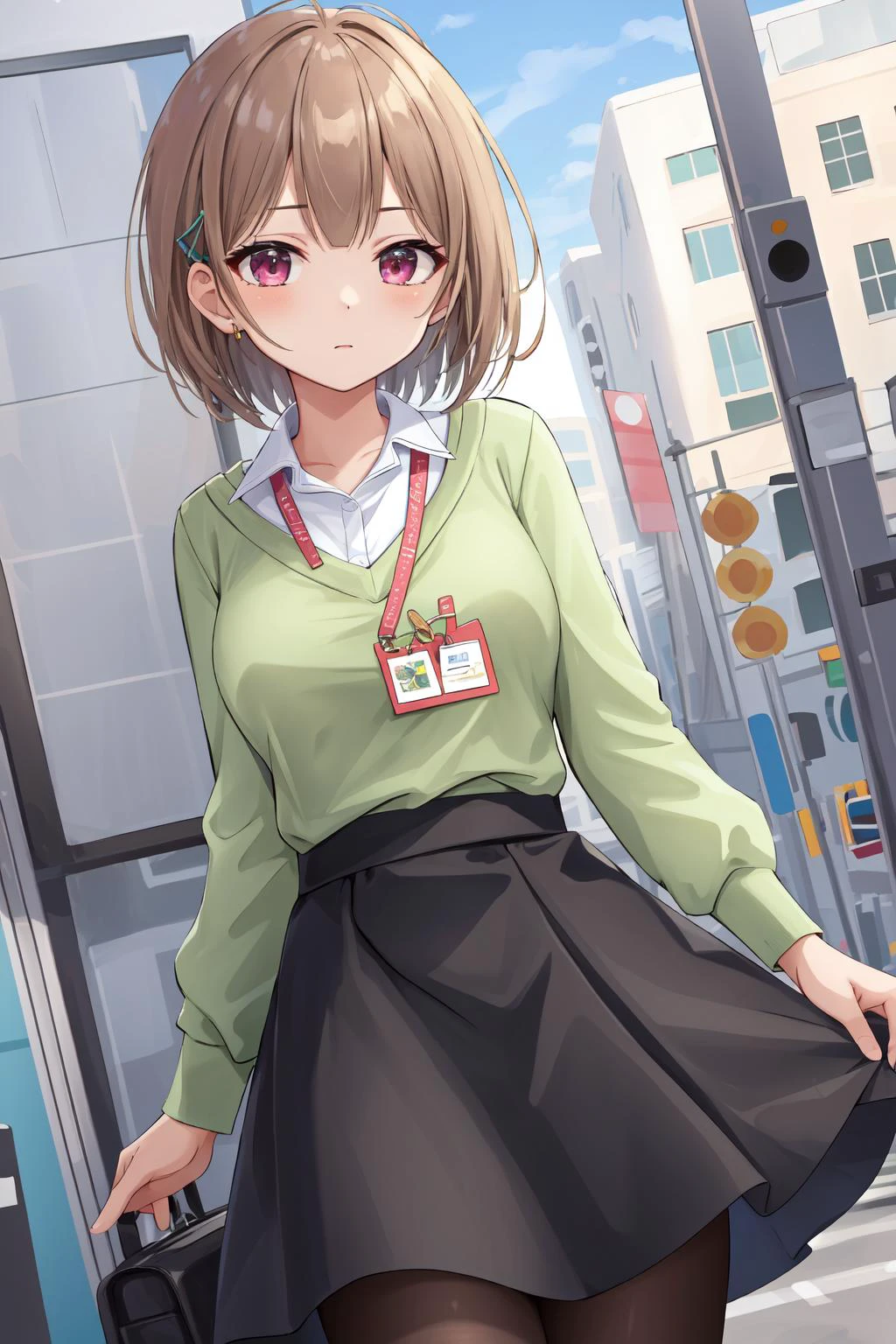 best quality, intricate details,
1girl, <lora:harusakiNodoka_v10:0.8> harusaki nodoka, collared shirt, green sweater, black skirt, pantyhose, id card,