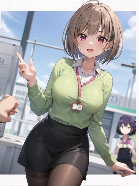 <lora:Hololive_Nodoka-B:1>
harusaki nodoka,
collared shirt, green sweater, black skirt, pantyhose, id card