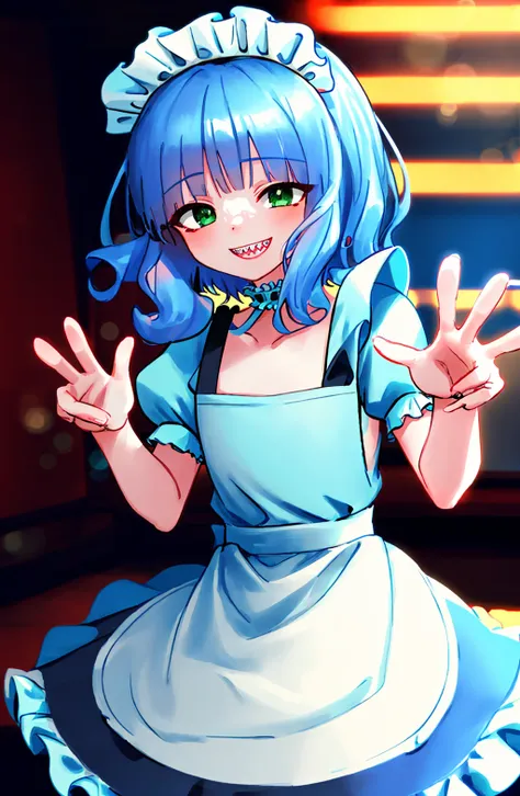 masterpiece,1boy,(sts boy:1.5)blue hair, blonde hair,blonde locks,blue bangs,(classic maid's clothes:1.3),green eyes, happy, smile,sharp teeth, solo,(frills:1.6), flat chest,kawaii face,(bokeh:1.6),light particles, cowboy shot, brilliant light,(indoors:1.5),black clothes,cinematic angle