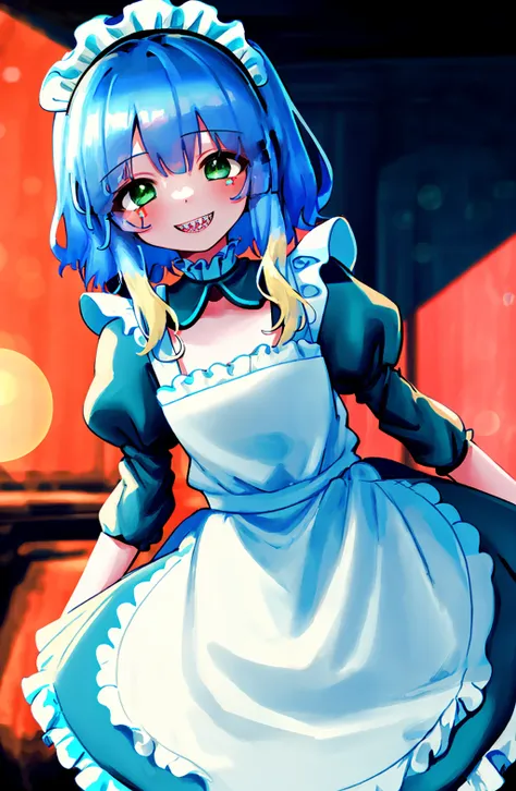 masterpiece,1boy,(sts boy:1.5)blue hair, blonde hair,blonde locks,blue bangs,(classic maid's clothes:1.3),green eyes, happy, smile,sharp teeth, solo,(frills:1.6), flat chest,kawaii face,(bokeh:1.6),light particles, cowboy shot, brilliant light,(indoors:1.5),black clothes,cinematic angle