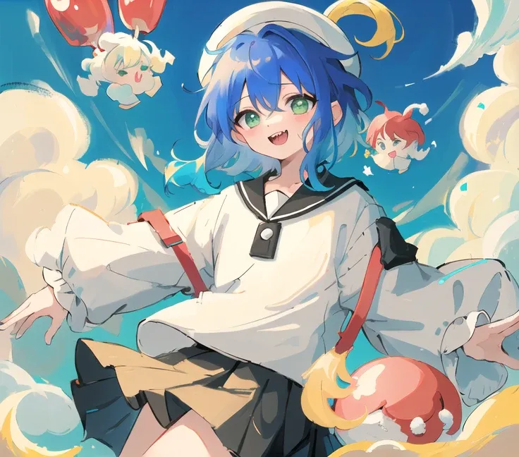 (masterpiece, best quality:1.5), illustration, (extream detailed), (one boy:1.2),(fusion of boy and colorful marshmallow:1.4) (Floating above the clouds:1.4),many ginant colorful marshmallows, two-tone hair,(blue hair:1.2),blonde hair,short hair,side locks, medium locks,green eyes, white (fluffy:1.6) dress, intense white, open mouth, sharp teeth,(laugh, happy:1.3), background is clouds Mare Nubium, make merry, fullbody, white marshmallow hat, intense blue, far away light, white wings, (many colorful cotton candy),(solo:1.3),black skirt,pleats skirt, sts boy