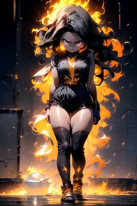 (masterpiece:1.4), high quality, high definition, sharp focus, detailed clothes, detailed body, detailed face, anime, best quality, 4k, 8k, absurd resolution, intricate detail, detailed hands, (detailed eyes:1.3), animation, illustration, highly detailed, highres, extremely detailed, <lora:add_detail:0.3>, (parted bangs:1.6), skindentation, <lora:ETO_OC:0.2> ETO-OC, <lora:ETO_OCC006:0.7>, ETO_OCC, (curly hair:1.3), (long hair:1.1), black hair, thick eyebrows, pale skin, 1girl, (hazel eyes), looking at viewer, mature female, (glowing eyes:1.4), smirk, smug, <lora:r1ge - AnimeRage:1> r1ge, glowing, flying debris, magic, (aura:1.2), (energy), sparks, floating hair, standing, full body, (Carmine theme:1.6), (dark art:1.1), deep shadow, <lora:EnergyVeins:0.4> (EnergyVeins:1.4), glowing veins, (Bear Brown fire), background, sky garden, fluorescent, <lora:ä¸å½©ç»«colorfulveil:1>, colorfulveil, colorful, see-through,