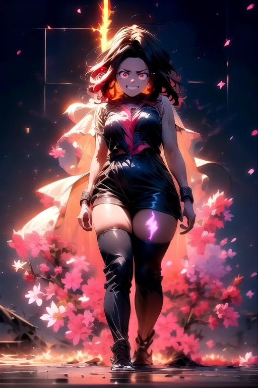 (masterpiece:1.4), high quality, high definition, sharp focus, detailed clothes, detailed body, detailed face, anime, best quality, 4k, 8k, absurd resolution, intricate detail, detailed hands, (detailed eyes:1.3), animation, illustration, highly detailed, highres, extremely detailed, <lora:add_detail:0.3>, (parted bangs:1.6), skindentation, <lora:ETO_OC:0.2> ETO-OC, <lora:ETO_OCC006:0.7>, ETO_OCC, (curly hair:1.3), (long hair:1.1), black hair, thick eyebrows, pale skin, 1girl, (hazel eyes), looking at viewer, mature female, (glowing eyes:1.4), smirk, smug, <lora:r1ge - AnimeRage:1> r1ge, glowing, flying debris, magic, (aura:1.2), (energy), sparks, floating hair, standing, full body, (Carmine theme:1.6), (dark art:1.1), deep shadow, <lora:EnergyVeins:0.4> (EnergyVeins:1.4), glowing veins, (Bear Brown fire), background, sky garden, fluorescent, <lora:ä¸å½©ç»«colorfulveil:1>, colorfulveil, colorful, see-through,