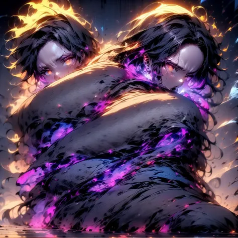 (masterpiece:1.4), high quality, high definition, sharp focus, detailed clothes, detailed body, detailed face, anime, best quality, 4k, 8k, absurd resolution, intricate detail, detailed hands, (detailed eyes:1.3), animation, illustration, highly detailed, highres, extremely detailed, <lora:add_detail:0.3>, (parted bangs:1.6), skindentation, <lora:ETO_OC:0.2> ETO-OC, <lora:ETO_OCC006:0.7>, ETO_OCC, (curly hair:1.3), (long hair:1.1), black hair, thick eyebrows, pale skin, 1girl, (hazel eyes), looking at viewer, mature female, (glowing eyes:1.4), smirk, smug, <lora:r1ge - AnimeRage:1> r1ge, glowing, flying debris, magic, (aura:1.2), (energy), sparks, floating hair, standing, full body, (Medium blue theme:1.6), (dark art:1.1), deep shadow, <lora:EnergyVeins:0.4> (EnergyVeins:1.4), glowing veins, (Dark Purple fire), background, sky garden, fluorescent, <lora:ä¸å½©ç»«colorfulveil:1>, colorfulveil, colorful