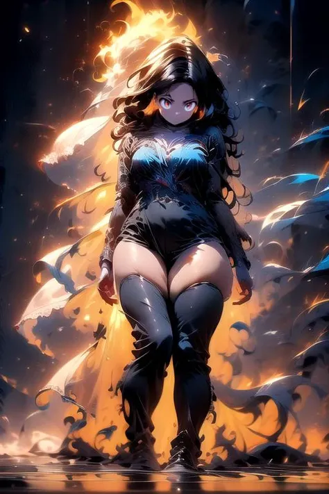 (masterpiece:1.4), high quality, high definition, sharp focus, detailed clothes, detailed body, detailed face, anime, best quality, 4k, 8k, absurd resolution, intricate detail, detailed hands, (detailed eyes:1.3), animation, illustration, highly detailed, highres, extremely detailed, <lora:add_detail:0.3>, (parted bangs:1.6), skindentation, <lora:ETO_OC:0.2> ETO-OC, <lora:ETO_OCC006:0.7>, ETO_OCC, (curly hair:1.3), (long hair:1.1), black hair, thick eyebrows, pale skin, 1girl, (hazel eyes), looking at viewer, mature female, (glowing eyes:1.4), smirk, smug, <lora:r1ge - AnimeRage:1> r1ge, glowing, flying debris, magic, (aura:1.2), (energy), sparks, floating hair, standing, full body, (Carmine theme:1.6), (dark art:1.1), deep shadow, <lora:EnergyVeins:0.4> (EnergyVeins:1.4), glowing veins, (Bear Brown fire), background, sky garden, fluorescent, <lora:ä¸å½©ç»«colorfulveil:1>, colorfulveil, colorful, see-through,