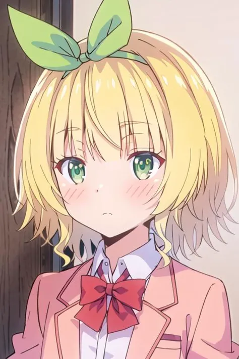 masterpiece, best quality, koga yuika\(hensuki\), 1girl, solo, green eyes, blonde hair, bow, blush, red bow, bangs, bowtie, shirt, collared shirt, closed mouth, portrait, :t, red bowtie, jacket, short hair, room <lora:koga yuika3-000016:0.6>