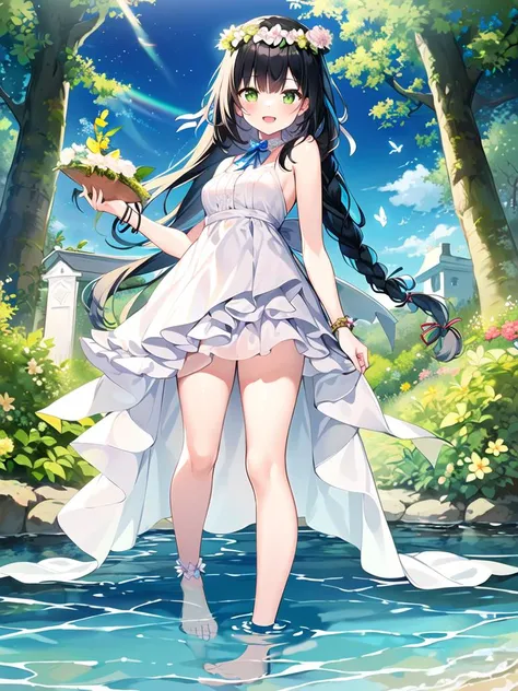 1girl, solo,green eyes, black hair, (long hair:1.2), [(side braids:1.2)|long hair],(tress ribbon:1.3),(braid:1.2), medium breasts,bare legs,  white dress, frilled dress, flower border,head wreath, (foot bangle:1.2),  shallow water,foot on water, standing,cross-laced top,smile, glowing butterfly,