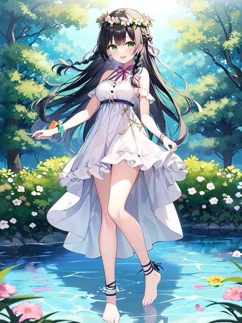 1girl, solo,green eyes, black hair, (long hair:1.2), [(side braids:1.2)|long hair],(tress ribbon:1.3),(braid:1.2), medium breasts,bare legs,  white dress, frilled dress, flower border,head wreath, (foot bangle:1.2),  shallow water,foot on water, standing,cross-laced top,smile,