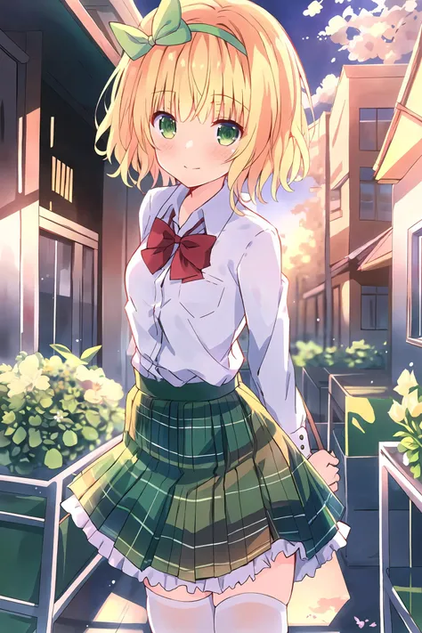 masterpiece, best quality, artbook, 1girl, koga yuika, (blonde hair), short hair, green eyes, green hairband, (green hair bow), (school uniform), (red bowtie), white shirt, frilled skirt, miniskirt, white thighhighs, flowers, the last radiance of the setting sun, outdoors, <lora:yuika:0.8>