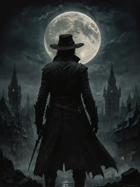silhouette of a The Hunter in the city of Yharnam, Bloodborne, glowing eyes, full moon, moonlight, low key, dark, chiaroscuro, mystic, oil and watercolor painting, mystical dense fog, epic scene, haunting mist, dark fantasy art by Kerem Beyit <lora:zavy-cntrst-sdxl:1>