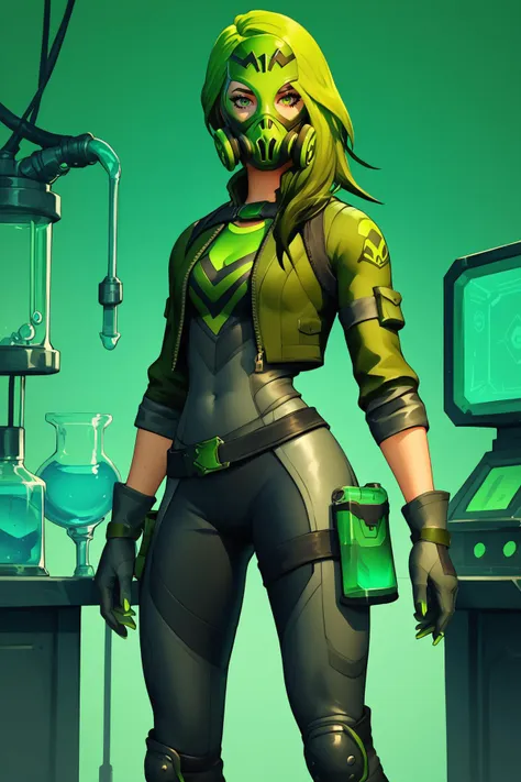 score_9, score_8_up, score_7_up, masterpiece, high quality
 <lora:RubyRemedyToxinPonyLora:0.8>Toxin, long hair, green hair, gloves, belt, bodysuit, cropped jacket, knee pads, gas mask with black lenses, green theme, standing in a laboratory, maschines, tubes