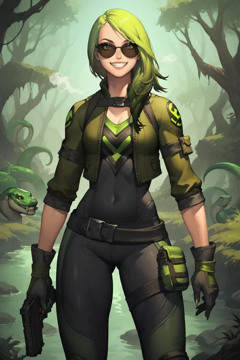 score_9, score_8_up, score_7_up, masterpiece, high quality
 <lora:RubyRemedyToxinPonyLora:0.8>Toxin, long hair, green hair, gloves, belt, bodysuit, cropped jacket, knee pads, sunglasses, in a toxic swamp, moody light, steam dwelling, snakes, grin, holding gun
 <lora:Blade&SoulPonyLyco:1> bns