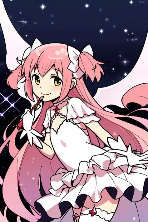 <lora:Arutimetto:0.8> Arutimetto Madoka Senpai, 1girl, solo, pink hair, very long hair, long hair, yellow eyes, wings, dot nose,
smile, arms at sides, looking at viewer, levitating, holding, holding wand,
sparkles, hearts,
dress, thighhighs, two side up, pink thighhighs, white dress, gloves, white gloves, ribbon, bow, frilled dress, layered dress, frills, hair ribbon, hair bow, cleavage cutout, long dress, white ribbon, clothing cutout, ultimate madoka, kaname madoka,
outer space, stars, foreign planet,