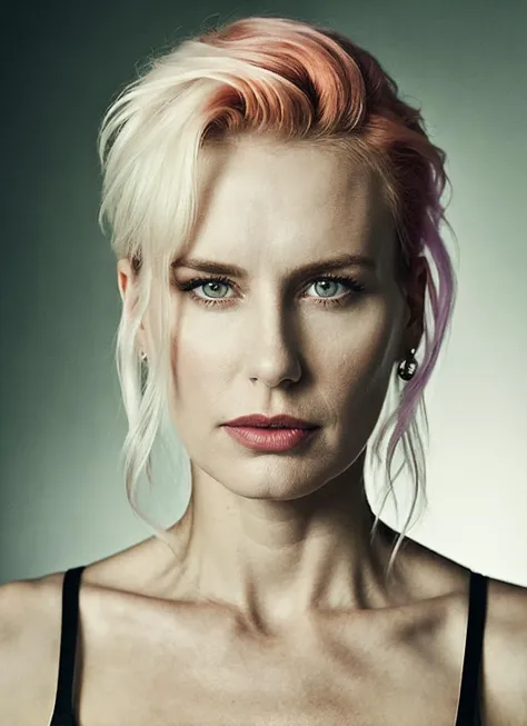 portrait of sks woman by Flora Borsi, style by Flora Borsi, bold, bright colours, rainbow Mohawk haircut, ((Flora Borsi)), <lora:locon_darylhannah_v1_from_v1_64_32:1.25>