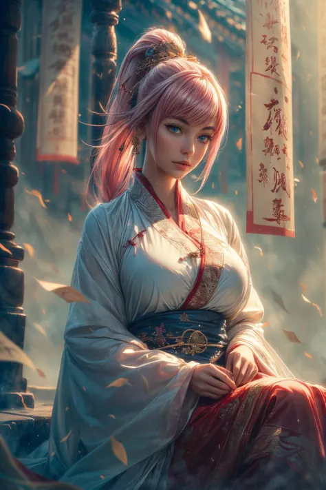 (ultra realistic,32k, masterpiece:1.2),(high detailed skin:1.1),( high quality:1.1), 
1girl,pink hair, ponytail hair, bangs,(aqua eyes:0.9), <lora:éº»è¢2024-006:0.7>paper,chinese clothing,chinese text,hair ornament,wide sleeves,long sleeves,water,wind , <lora:add_detail:0.92>,huge breast,(looking at viewer, sitting:1.1),
,(beautifully lit:1.1),  misty hollows, swirling fog, hidden passages, mystical secrets