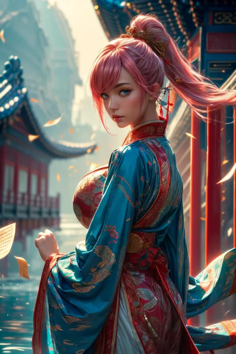 (ultra realistic,32k, masterpiece:1.2),(high detailed skin:1.1),( high quality:1.1),
1girl,pink hair, ponytail hair, bangs,(aqua eyes:0.9), <lora:麻è¢2024-006:0.7>paper,chinese clothing,chinese text,hair ornament,wide sleeves,long sleeves,water,wind , <lora:add_detail:0.84>,(huge breast:1.1),(looking at viewer, Bend forward:1.1),
,(dynamic lighting:1.1), bridge, architectural marvel, spanning river, landmark