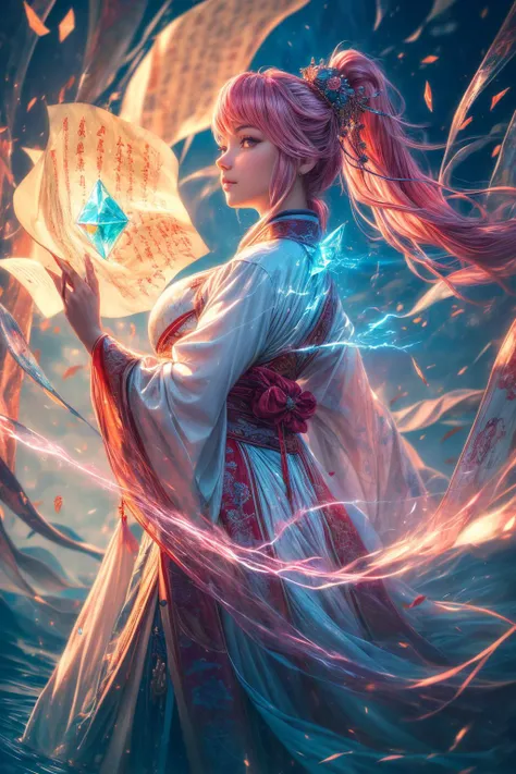 (ultra realistic,32k, masterpiece:1.2),(high detailed skin:1.1),( high quality:1.1),
1girl,pink hair, ponytail hair, bangs,(aqua eyes:0.9), <lora:麻è¢2024-006:0.7>paper,chinese clothing,chinese text,hair ornament,wide sleeves,long sleeves,water,wind , <lora:add_detail:0.99>,huge breast,(looking at viewer, standing, from below:1.1),
,(refraction:1.1), astral energy nexus, converging energy streams, spiritual awakening, metaphysical phenomena