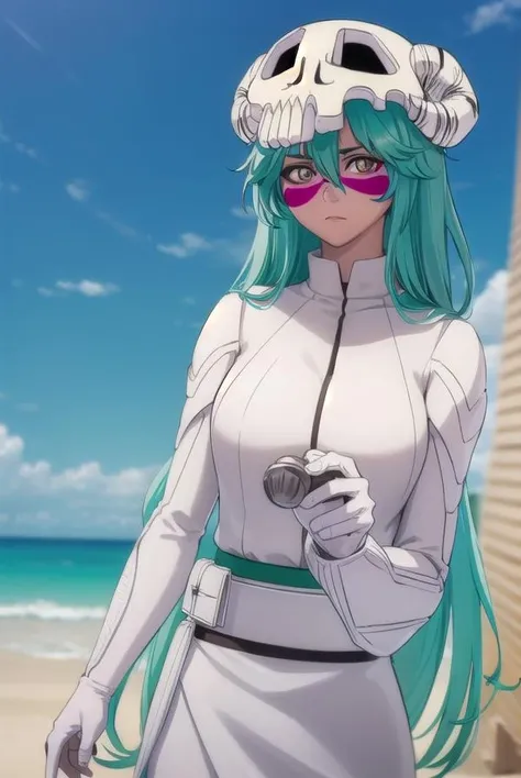 nellieltuodelschwanck, <lora:nellieltuodelschwanck-lora-nochekaiser:1>,
nelliel tu odelschwanck, long hair, green hair, (facial mark:1.5), skull, (brown eyes:1.5), green hair,
BREAK espada suit, dress, white dress, long sleeves, collar, skirt, white skirt, gloves, white gloves,
BREAK outdoors, desert, sky, sun, cloud,
BREAK looking at viewer, (cowboy shot:1.5),
BREAK <lyco:GoodHands-beta2:1>, (masterpiece:1.2), best quality, high resolution, unity 8k wallpaper, (illustration:0.8), (beautiful detailed eyes:1.6), extremely detailed face, perfect lighting, extremely detailed CG, (perfect hands, perfect anatomy),