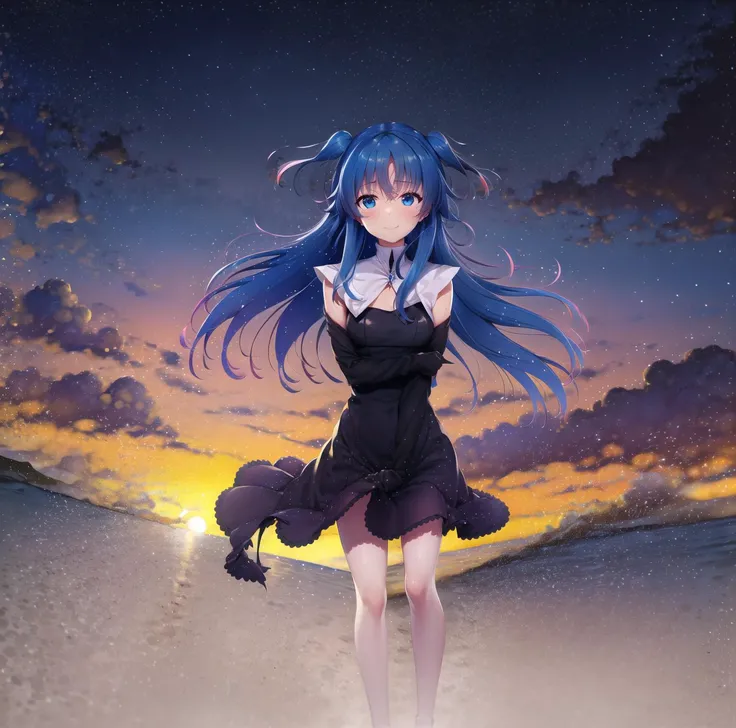 standing,Black dress,sweat, beautfull, best quality, (background beach,sunset, ), (1girl:1.2) ,looking at viewer, Extremely_detailed, neyebrows_visible_through_hair, hair_between_eyes, , looking_at_viewer, Extremely_detailed, neyebrows_visible_through_hair, hair_between_eyes, ,full body, beach, standing, looking at viewer, ,face, ,floating hair,blue hair, blue eyes, beautifull ,smile, solo, <lora:chtholly_nota_seniorious_v1.1:1> chtholly nota seniorious,own hands together, own hands clasped