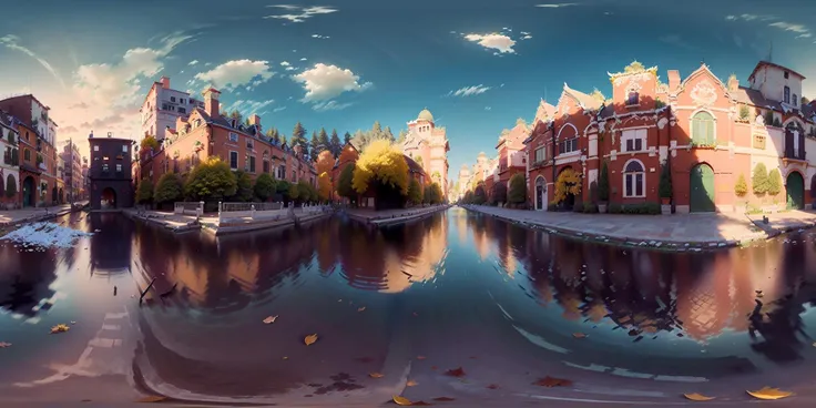 no humans,Looking down, in an autumn dusk, a young man in ancient costume riding a horse looked at the beautiful Chinese Tang Dynasty buildings in the distance. The lake rippled and the ground was covered with fallen leaves,West Lake with Chinese wind, ancient architecture,(extremely detailed CG unity 8k wallpaper, masterpiece, best quality, ultra-detailed, best shadow) <lora:SkyboxV1-000013:1>