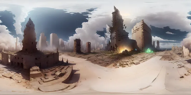 skybox,ultrawide shot,bird view,8k,Doomsday, destroyed cities, Giant alien spacecraft, wars, ruins,(best quality:1.2), (ultra-detailed:1.2), illustration, (an extremely delicate and beautiful:1.2),<lora:SkyboxV1-000015:1>
