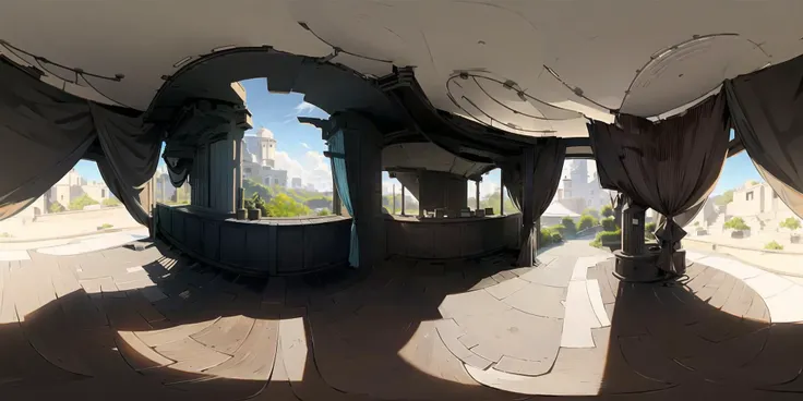 no humans, scenery, window, door, indoors, building, chair, masterpiece, (best quality:1.2), (ultra-detailed:1.2), illustration, (an extremely delicate and beautiful:1.2), <lora:SkyboxV1:0.8>,