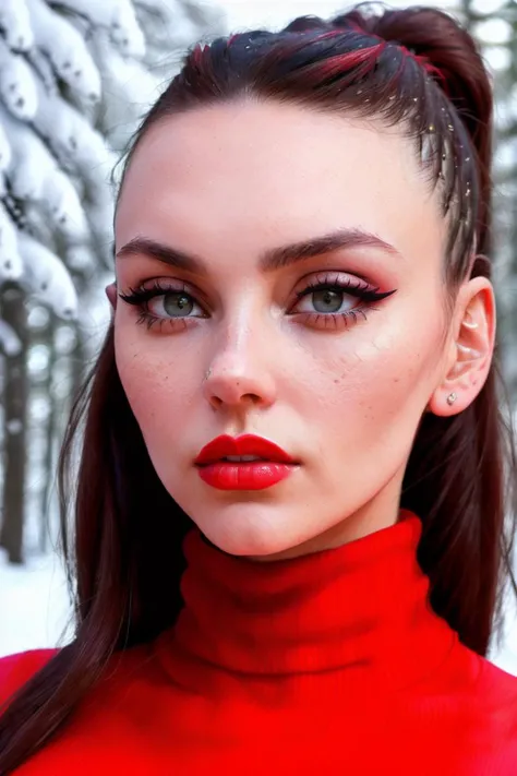 photo of dafnekeen:0.99, a woman, ((closeup, portrait):1.2), ((walking, outdoors, forest, snow, turtleneck sweater):1.3),((red lipstick, eyeliner, eye shadow):1.2), ((best quality, masterpiece, extreme details, high resolution):1.2), ((beautiful eyes, detailed eyes, detailed face, beautiful face):1.2),