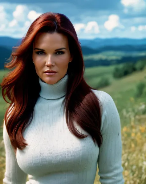 long shot scenic professional photograph of best quality raw photo of (young LitAmDum01:0.99) wearing a (turtleneck dress:1.1), RAW candid cinema, 16mm, color graded portra 400 film, remarkable color, ultra realistic, textured skin, remarkable detailed pupils, realistic dull skin noise, visible skin detail, skin fuzz, dry skin, shot with cinematic camera, perfect viewpoint, highly detailed, wide-angle lens, hyper realistic, with dramatic sky, polarizing filter, natural lighting, vivid colors, everything in sharp focus, HDR, UHD, 64K, detailed skin texture, (blush:0.2), (goosebumps:0.3), subsurface scattering