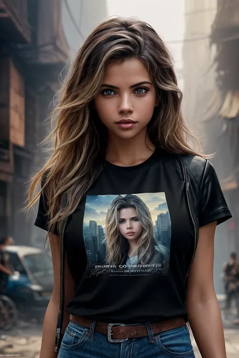photo of extremely sexy (natal33:0.99), a woman as a sexy student, ((closeup portrait:1.3)), modelshoot style, (extremely detailed CG unity 8k wallpaper), photo of the most beautiful artwork in the world, professional majestic oil painting by Ed Blinkey, Atey Ghailan, Studio Ghibli, by Jeremy Mann, Greg Manchess, Antonio Moro, trending on ArtStation, trending on CGSociety, Intricate, High Detail, Sharp focus, dramatic, photorealistic painting art by midjourney and greg rutkowski, (black t-shirt:1.2), (leather jacket), (jeans), ((city slums)), (looking at viewer:1.2), (detailed pupils:1.3), (holding a shopping bag:1.1)