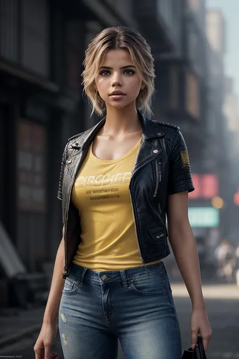 photo of extremely sexy (natal33:0.99), a woman as a sexy student, ((closeup portrait:1.3)), modelshoot style, (extremely detailed CG unity 8k wallpaper), photo of the most beautiful artwork in the world, professional majestic oil painting by Ed Blinkey, Atey Ghailan, Studio Ghibli, by Jeremy Mann, Greg Manchess, Antonio Moro, trending on ArtStation, trending on CGSociety, Intricate, High Detail, Sharp focus, dramatic, photorealistic painting art by midjourney and greg rutkowski, (yellow t-shirt:1.2), (leather jacket), (jeans), ((city slums)), (looking at viewer:1.2), (detailed pupils:1.3), (holding a shopping bag:1.1)
