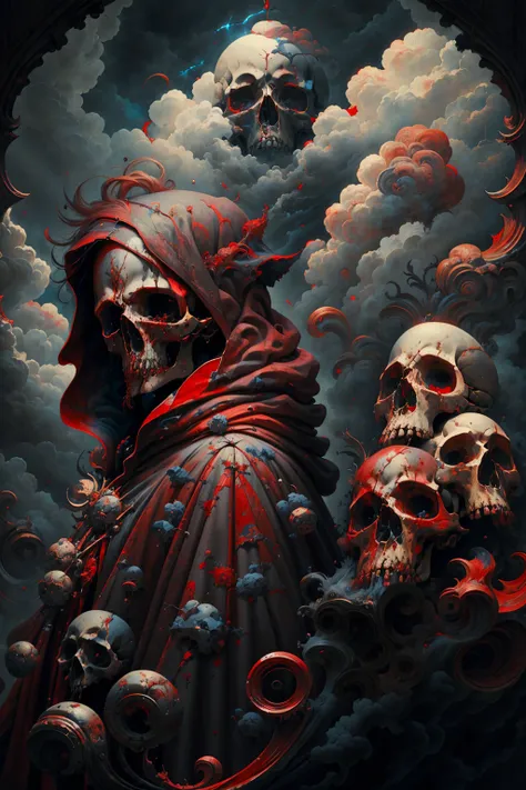 solo, 1boy, standing, male focus, red hair, cloud, hood, from behind, cloak, skull, robe, painting <lora:skulls00d-000012:1>