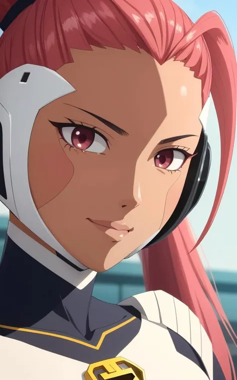 valrie, sitting, smiling, a woman with (((a dark tanned skin))) and (((a pink high ponytail hair))), (((a lock of hair that hangs over the left side of her face))), hazel eyes, in a white armored dark blue bodysuit, (((seam line on her face that goes through her right eye))), 8k, Unreal Engine 5, octane render, by kyun, gamang, Yoon Gon-Ji, g.ho, gosonjak, shuroop, serious, domi, noah, trending on pixiv, fanbox, skeb, masterpiece, smooth soft skin, big dreamy eyes, beautiful intricate colored hair, symmetrical, anime wide eyes, soft lighting, concept art, digital painting, <lora:valrie:0.4>