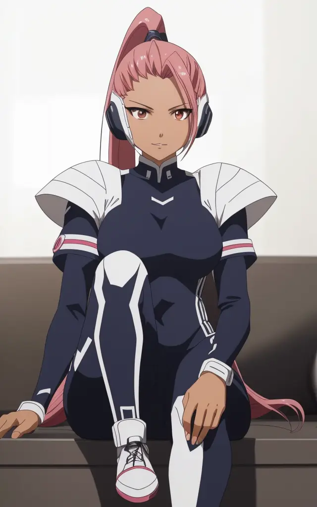 valrie, full body view, (((sitting))), smiling, a woman with (((a dark tanned skin))) and (((a pink high ponytail hair))), (((a lock of hair that hangs over the left side of her face))), hazel eyes, in a white armored dark blue bodysuit, (((seam line on her face that goes through her right eye))), 8k, Unreal Engine 5, octane render, by kyun, gamang, Yoon Gon-Ji, g.ho, gosonjak, shuroop, serious, domi, noah, trending on pixiv, fanbox, skeb, masterpiece, smooth soft skin, big dreamy eyes, beautiful intricate colored hair, symmetrical, anime wide eyes, soft lighting, concept art, digital painting, <lora:valrie:0.4>