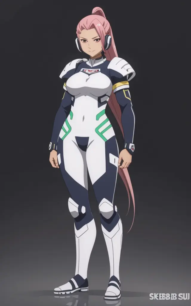 valrie, full body view, smiling, a woman with (((a dark tanned skin))) and a pink hair, a lock of hair that hangs over the left side of her face, hazel eyes, in a white armored dark blue bodysuit, (((seam line on her face that goes through her right eye))), 8k, Unreal Engine 5, octane render, by kyun, gamang, Yoon Gon-Ji, g.ho, gosonjak, shuroop, serious, domi, noah, trending on pixiv, fanbox, skeb, masterpiece, smooth soft skin, big dreamy eyes, beautiful intricate colored hair, symmetrical, anime wide eyes, soft lighting, concept art, digital painting, <lora:valrie:0.4>