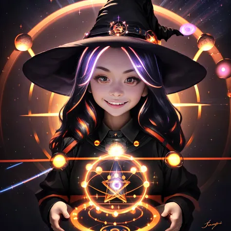 smiling,  chibi, (cute witch:1.5),UPPER BODY, pray, (particle lighting:1.2),(glowing magic circle on the background:1.4), (amazing light effect background:1.2),(multiple streaks of light:1.4), cinematic lighting, side lighting, halo, epic composition, dark light, magical,absurdres, dramatic, (ultra detailed), (highres:1.1), best quality, (masterpiece:1.3), <lora:blindbox_V1Mix:0.2>, bokeh, close up,  , <lora:nana_v6:1>