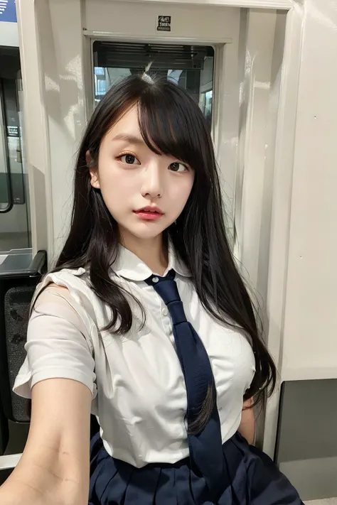 (masterpiece:1.2),best quality,illustration,beautiful detailed girl, (looking at viewer),closed mouth,(wet:1.1),large breasts, long hair, <lora:japanesedolllikenessV1_v15:0.3>, e235, train interior, <lora:jrEastE235SeriesTrain_ver5:0.6> 1 white hair girl sit on train's carrige seat, put hands on her's thighs, look at viewer,indoor, depth of field, serious, messy long hair, sharp focus,train, train carrige , E235, (school uniform), skirt, tie, <lora:nana_v10:0.7> <lora:koreandolllikenessV20_v20:0.3>