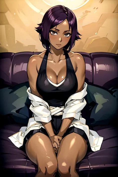 c0uchc4sting, shihouin yoruichi, sitting on couch, black shirt, sleeveless kimono, hakama, 1girl, solo, dark skinned female, dark skin, (short hair, parted bangs, purple hair:1.3), <lora:Yorui-more-v3.1:0.5> <lora:c0uchc4sting:0.8> cleavage