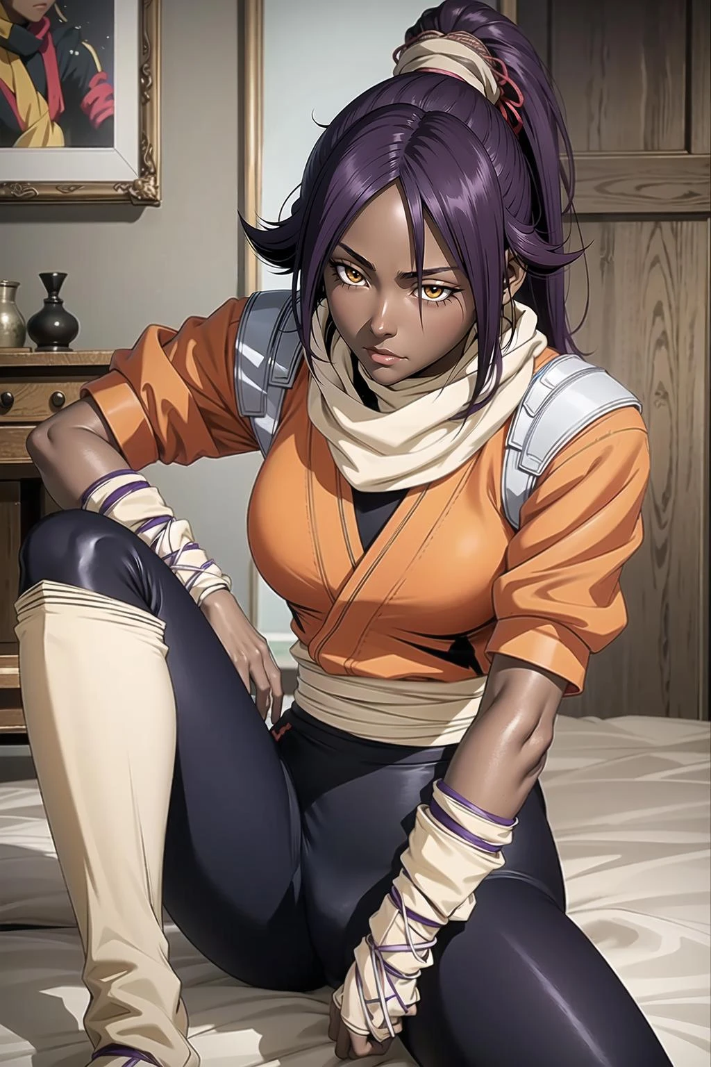 POV, looking in mirror, orange shirt, shihouin yoruichi, 1girl, solo, dark skinned female, dark skin, ponytail long hair, parted bangs, purple hair, yellow eyes, black leggings, waist accessory, scarf, gloves, ((leg warmers)), white shoulder straps, <lora:xxxxxv4-000006:.7>,