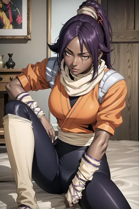 POV, looking in mirror, orange shirt, shihouin yoruichi, 1girl, solo, dark skinned female, dark skin, ponytail long hair, parted bangs, purple hair, yellow eyes, black leggings, waist accessory, scarf, gloves, ((leg warmers)), white shoulder straps,  <lora:xxxxxv4-000006:.7>,