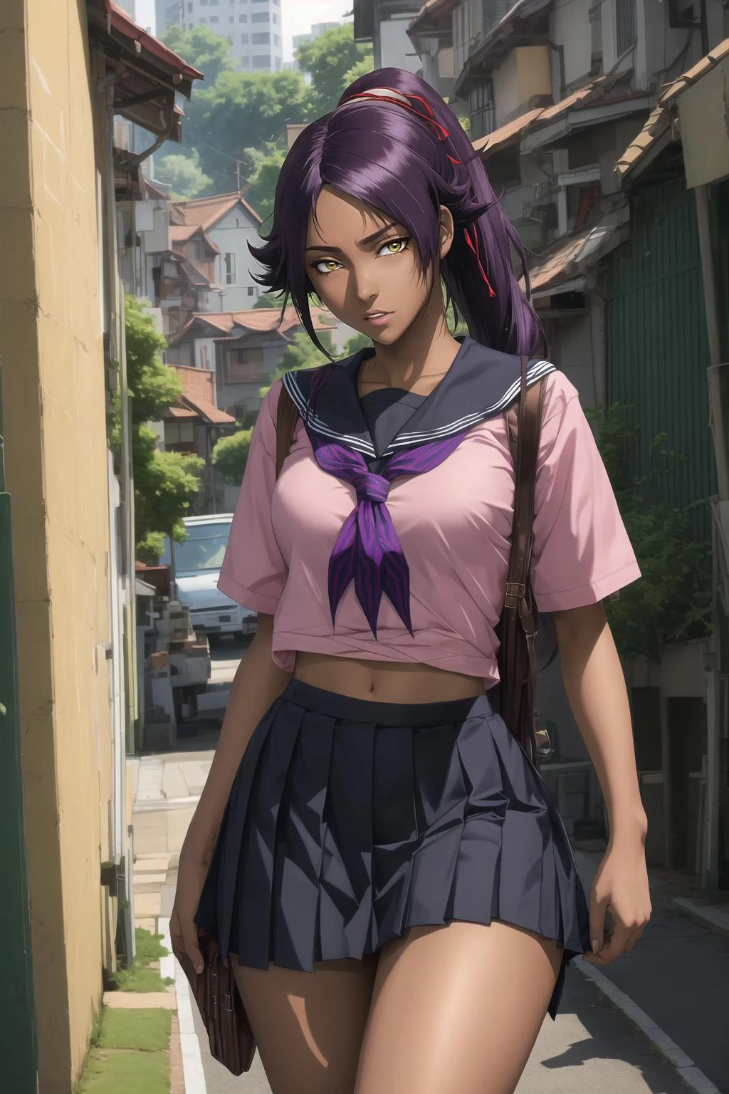 dark skinned female, dark skin, (best quality, highres:1.1), shihouin yoruichi, serafuku, pleated skirt, 1girl, solo,, ponytail long hair, parted bangs, purple hair, yellow eyes, <lora:YoruiPrLOW-v6.3mr10.25v4:.8>,