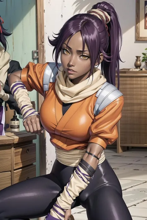 POV, looking in mirror, orange shirt, shihouin yoruichi, 1girl, solo, dark skinned female, dark skin, ponytail long hair, parted bangs, purple hair, yellow eyes, black leggings, waist accessory, scarf, gloves, ((leg warmers)), white shoulder straps, <lora:xxxxxv4-000006:.7>