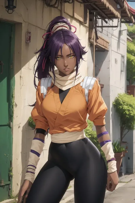 (best quality, highres:1.1), shihouin yoruichi, orange shirt, black leggings, shirt accessory, waist accessory, scarf, leg warmers, shoulder pads, detached sleeves, 1girl, solo, dark skinned female, dark skin, ponytail long hair, parted bangs, purple hair, yellow eyes, <lora:YoruiPrLOW-v6.3mr10.25v4:.8>