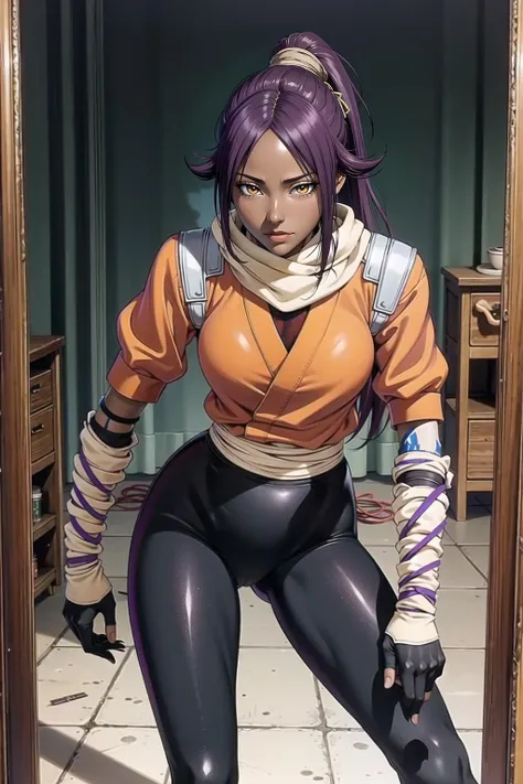 POV, looking in mirror, orange shirt, shihouin yoruichi, 1girl, solo, dark skinned female, dark skin, ponytail long hair, parted bangs, purple hair, yellow eyes, black leggings, waist accessory, scarf, gloves, ((leg warmers)), white shoulder straps, <lora:xxxxxv4-000006:.7>