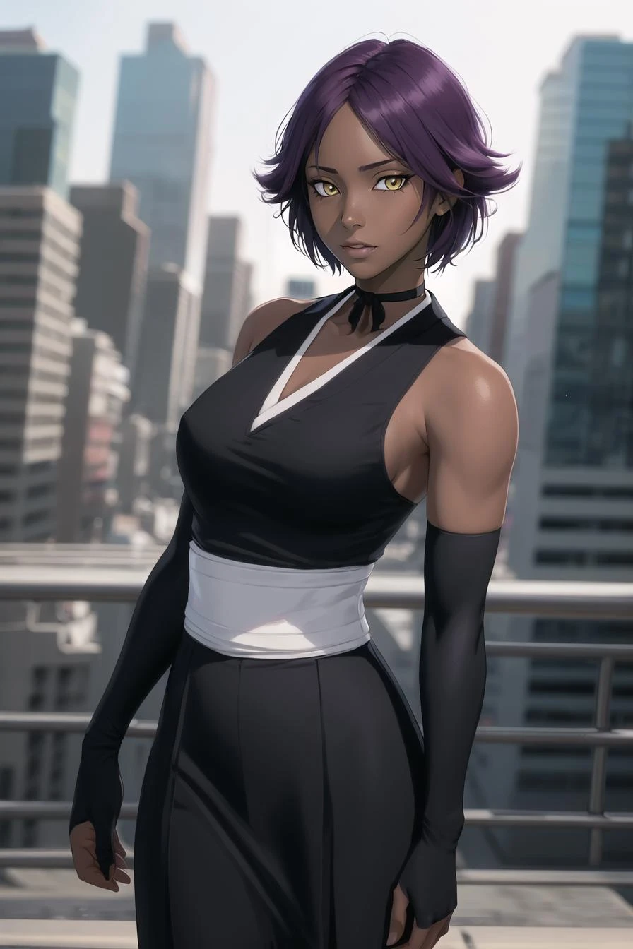 highres shihouin yoruichi, black sleeveless kimono, black hakama skirt, 1girl, solo, dark skinned female, dark skin, short hair, parted bangs, purple hair, yellow eyes , standing, cowboy shot, ribbon choker, elbow gloves, <lora:Yorui-more-v3.1:.7>, cityscape
