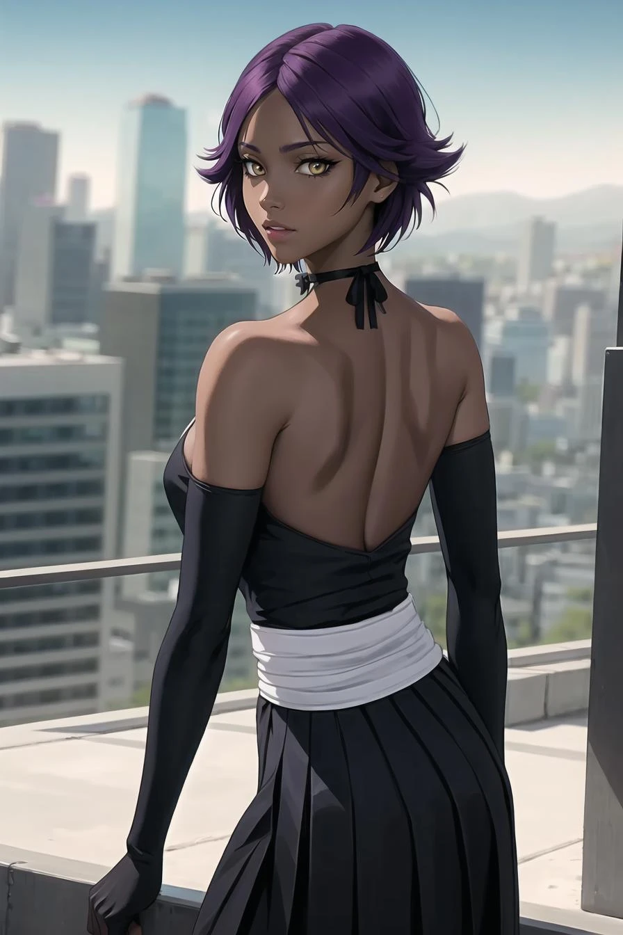 highres shihouin yoruichi, black shirt, sleeveless kimono, hakama, 1girl, solo, dark skinned female, dark skin, short hair, parted bangs, purple hair, yellow eyes , standing, cowboy shot, ribbon choker, elbow gloves, back cutout, <lora:Yorui-v8.5:.7>, sideboob, cityscape, white undershirt,