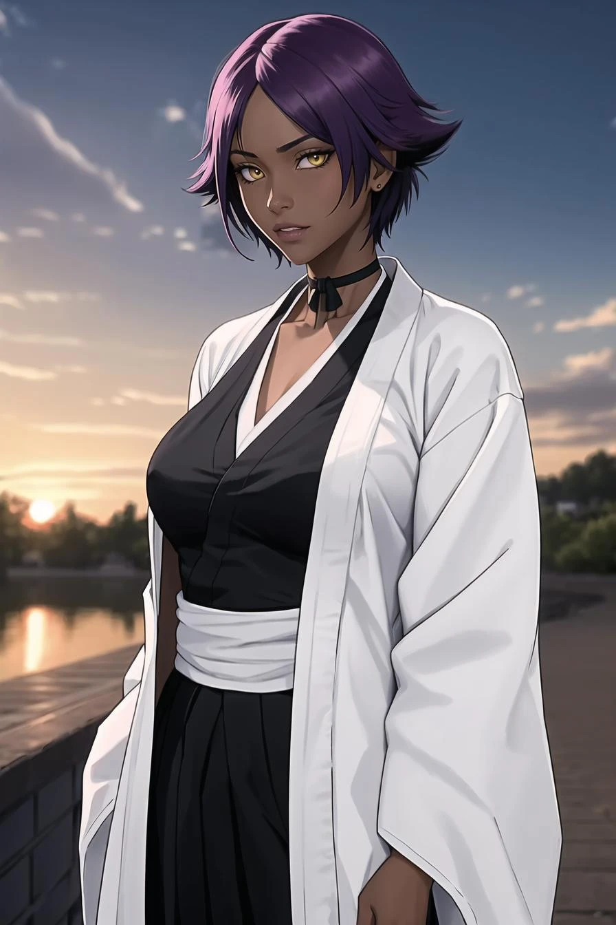 highres shihouin yoruichi, black shirt, black kimono, open white coat, black hakama, 1girl, solo, dark skinned female, dark skin, short hair, parted bangs, purple hair, yellow eyes , standing, cowboy shot, ribbon choker, <lora:Yorui-v8.5:.7>, sideboob, sunset, orange and white