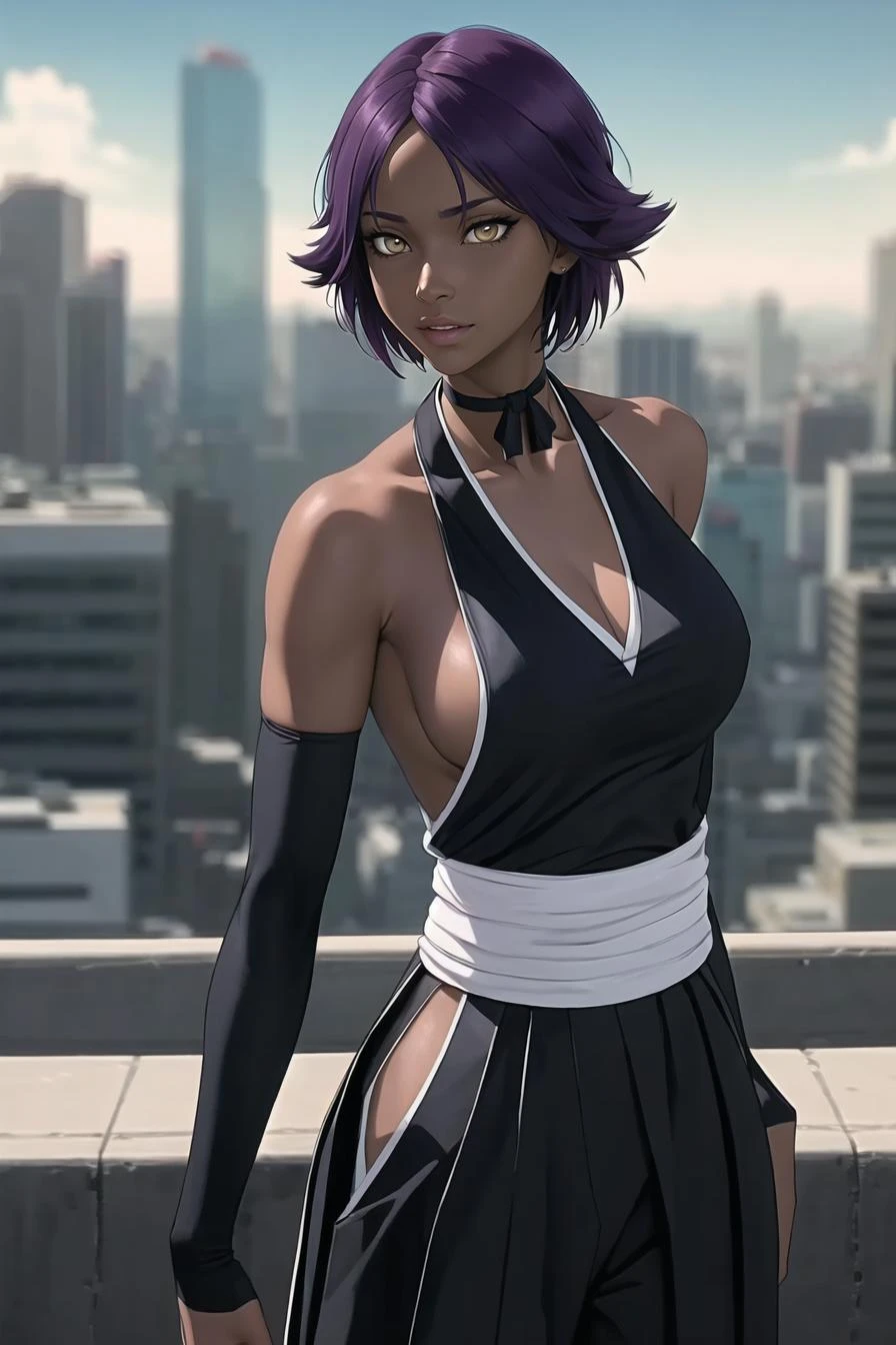 highres shihouin yoruichi, black shirt, sleeveless kimono, hakama, 1girl, solo, dark skinned female, dark skin, short hair, parted bangs, purple hair, yellow eyes , standing, cowboy shot, ribbon choker, elbow gloves, back cutout, <lora:Yorui-v8.5:.7>, sideboob, cityscape